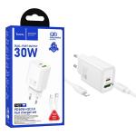 PRESA USB-A + TYPE-C HOCO N63 30W 3A CON CAVO LIGHTNING BIANCO - BLISTER RETAIL