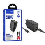 PRESA USB-A + TYPE-C HOCO N63 30W 3A CON CAVO LIGHTNING NERO - BLISTER RETAIL