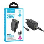PRESA USB-A + TYPE-C HOCO N61 20W 3A CON CAVO LIGHTNING NERO - BLISTER RETAIL