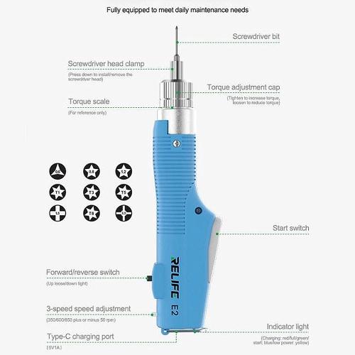 CACCIAVITE ELETTRICO RELIFE E2 A COPPIA REGOLABILE CON 9 PUNTE INTERCAMBIABILI