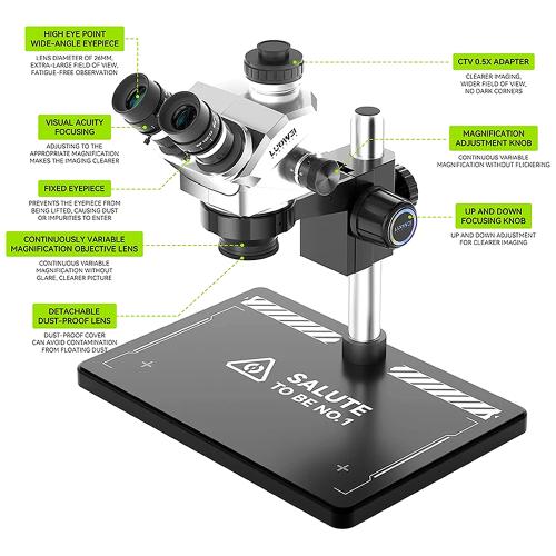 MICROSCOPIO LUOWEI LW-TR01-B3TV-DP01 TRINOCULARE 7-50X CON INTERFACCIA 0.5CTV BASE IN ALLUMINIO E MONITOR 10.2