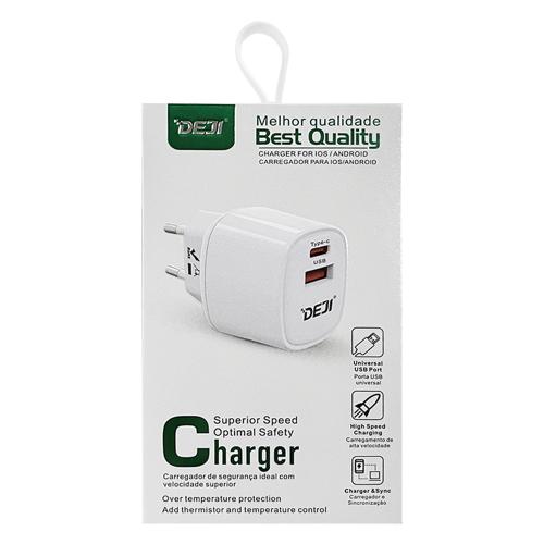 PRESA USB + TYPE-C DEJI 20W DUAL TYPE-A + TYPE-C NERO
