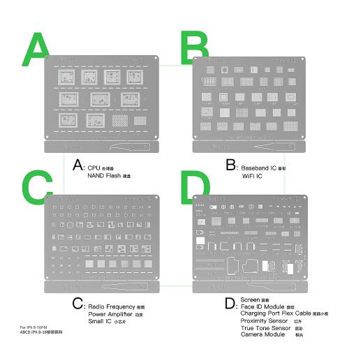 STENCIL PER REBALLING IC CHIP IPHONE SERIES 8-16 2UUL BG01 (Set 4pz)