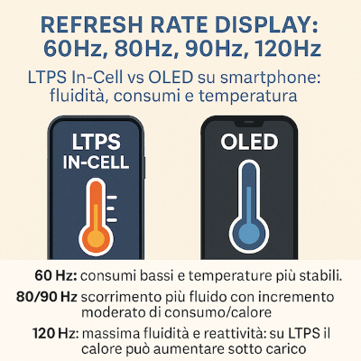 Refresh rate 60Hz 90Hz 120Hz: differenze Display LCD LTPS In-Cell vs OLED, per iPhone & Android Consumi e Temperatura