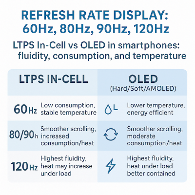Refresh rate 60Hz 90Hz 120Hz: differences in LTPS In-Cell LCD display vs OLED, for iPhone & Android Consumption and Temperature