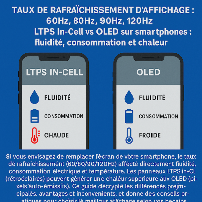 Fréquence de rafraîchissement 60Hz 90Hz 120Hz : différences entre écran LCD LTPS In-Cell et OLED, pour iPhone et Android : consommation et température