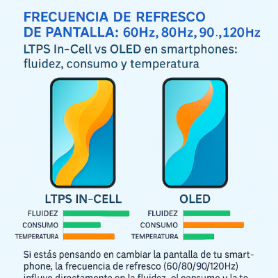 Frecuencia de actualización (60Hz, 90Hz y 120Hz): Diferencias entre pantallas LCD LTPS In-Cell y OLED, consumo y temperatura para iPhone y Android