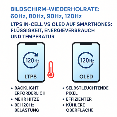 Bildwiederholfrequenz 60Hz, 90Hz, 120Hz: Unterschiede zwischen LTPS-In-Cell-LCD- und OLED-Bildschirmen, Verbrauch und Temperatur für iPhone und Android