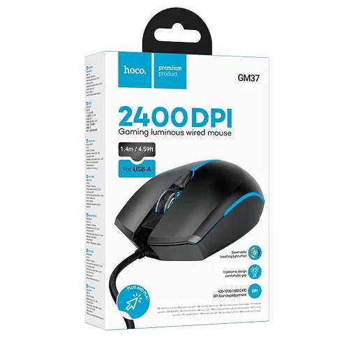 MOUSE HOCO GM37 USB-A 2400 DPI NERO - BLISTER RETAIL